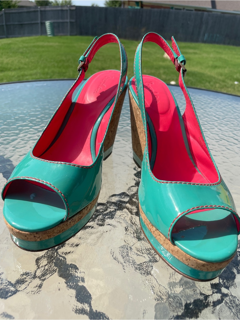 Boden Teal Patent Cork Platform Slingback Wedges